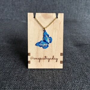 Colorful Filigree Butterfly Pendant Fashion Necklace, Blue, White, 18 inches